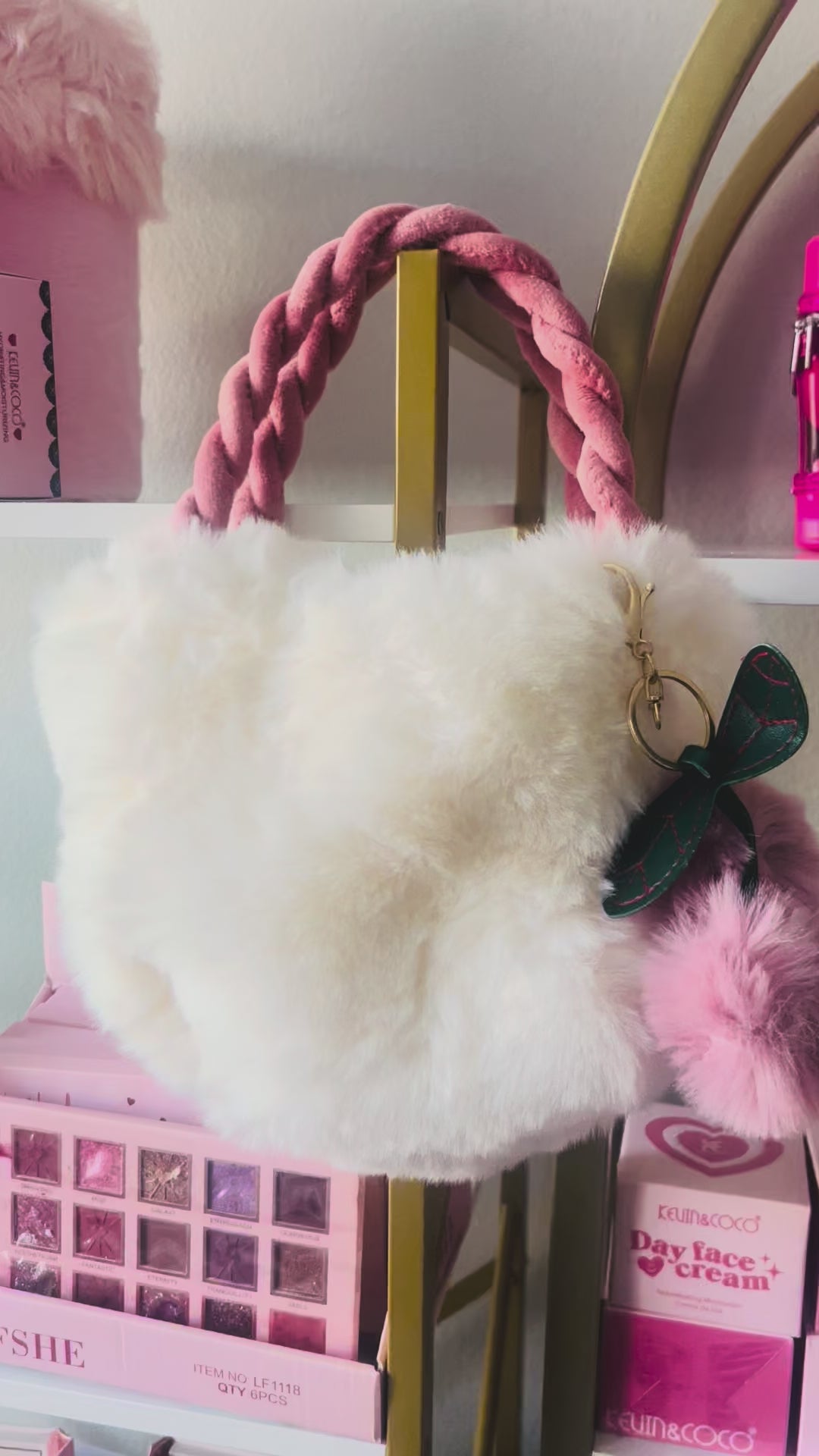 Pink and White Purse With Cherry Chain